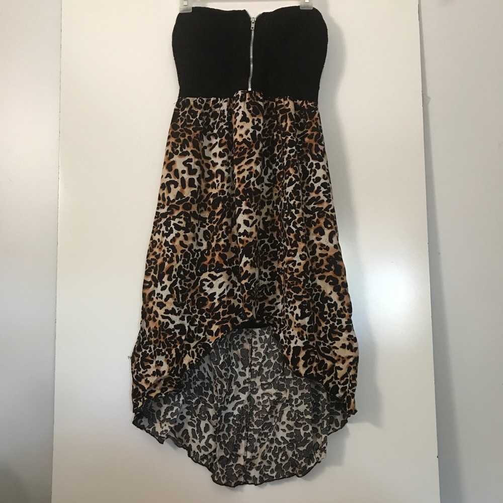 Miss Chievous Strapless Leopard Print Hi-Lo Dress Zipper Bodice Glam Night Out